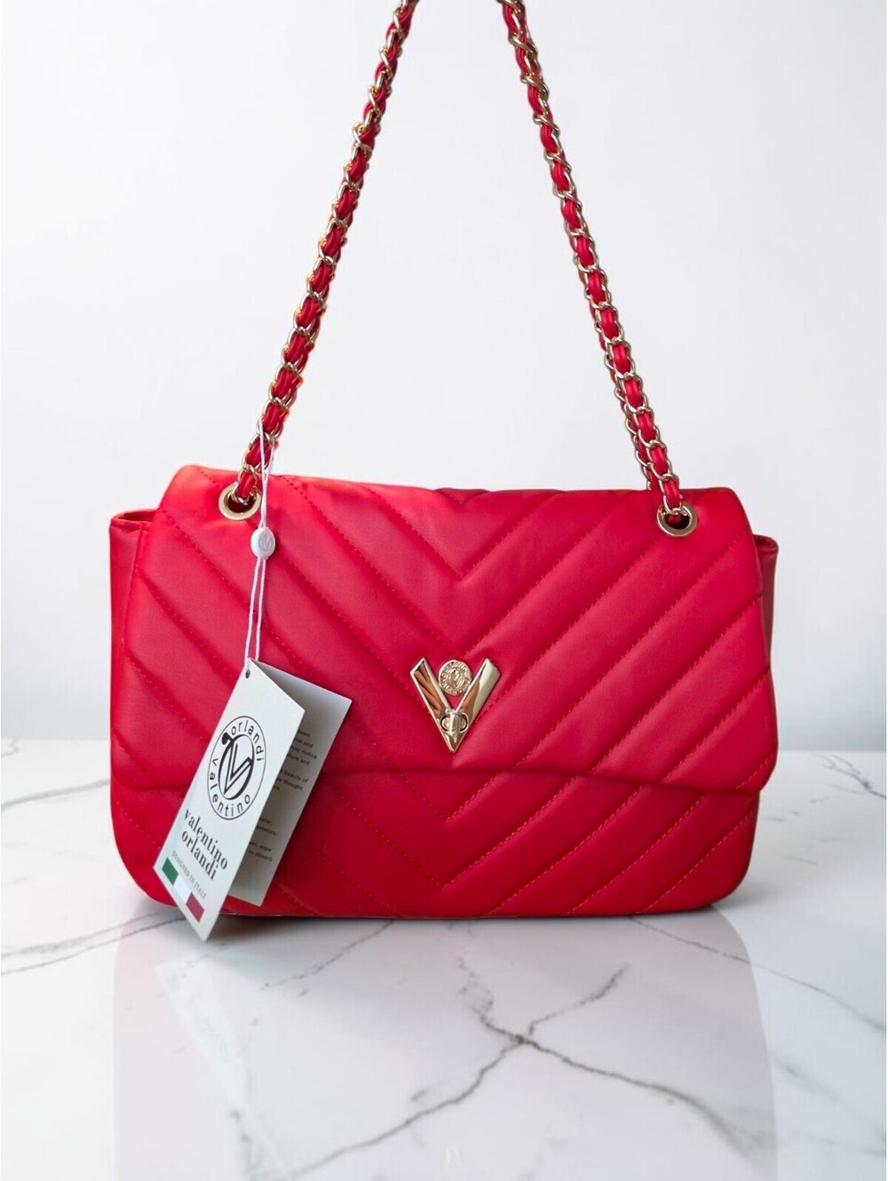 NWT Valentino Orlandi V-3009 Red Quilted Chain Shoulder Bag Large Flap Style